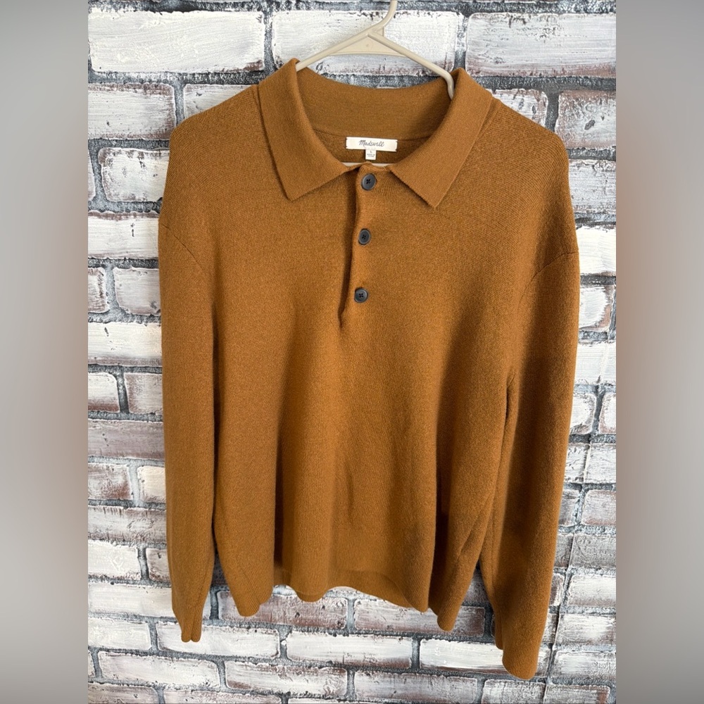 Madewell Milano Knit Polo Sweater In Rich Camel 100% Merino Wool Men Size L EUC